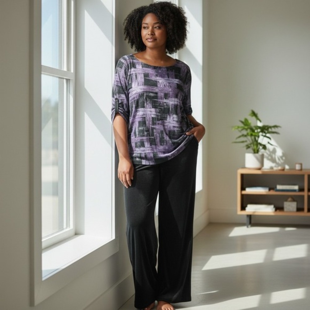 Chico's Travelers Women's M 1‎ Slinky 2-Piece Set Pull Up Pants Top Purple Black